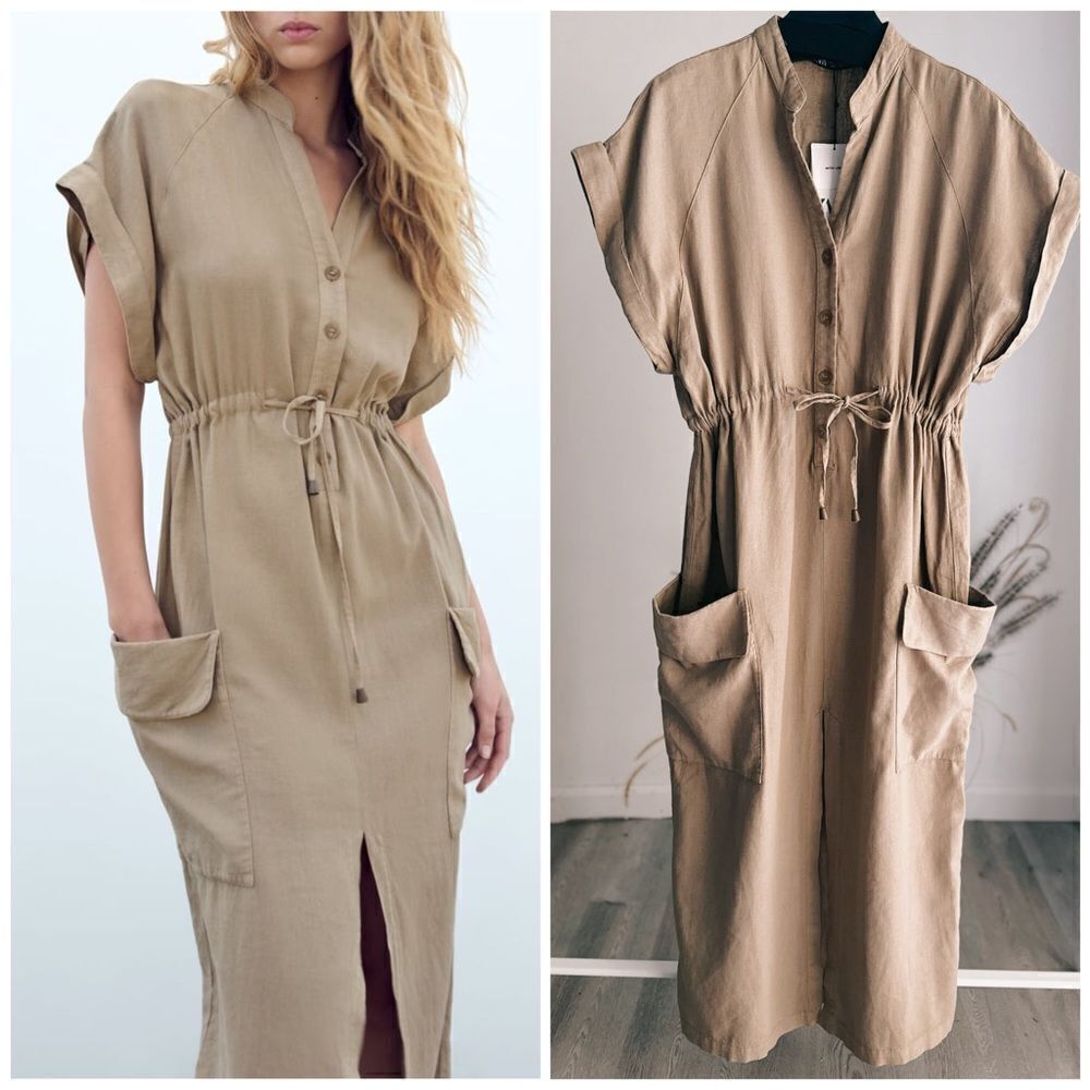 Zara Linen Blend Dress Midi Taupe Brown